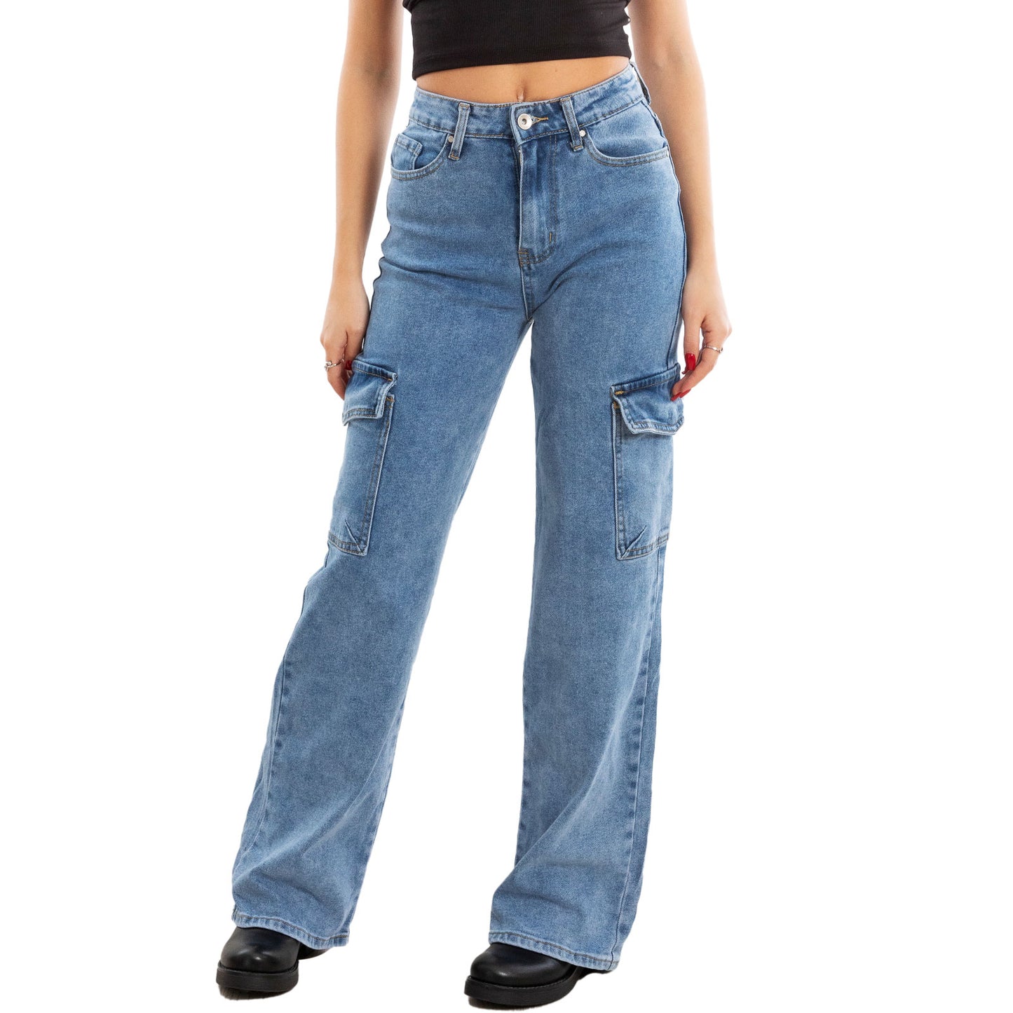 toocool jeans donna cargo tasche palazzo bootcut vita alta 2mt265
