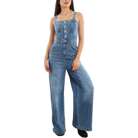 toocool salopette jeans donna overall jumpsuit strass bustier fx1269