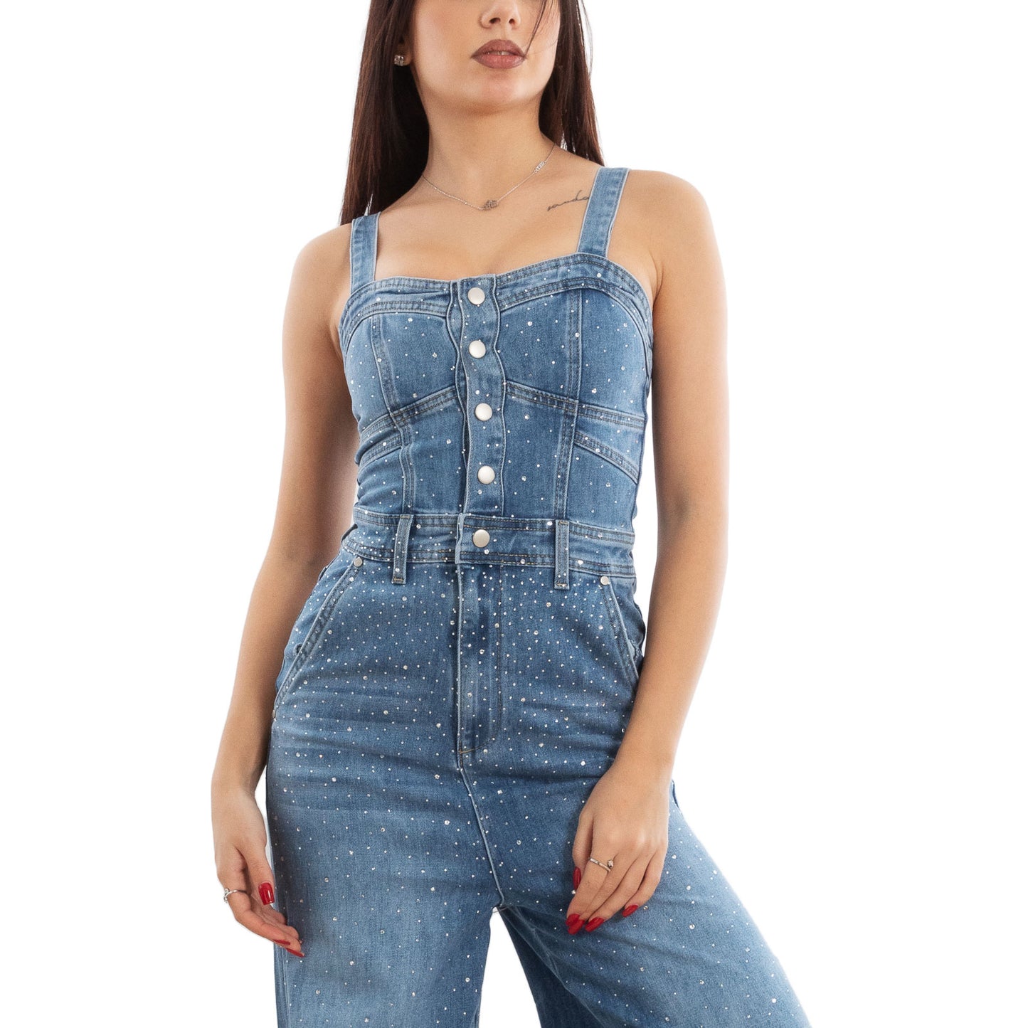 toocool salopette jeans donna overall jumpsuit strass bustier fx1269