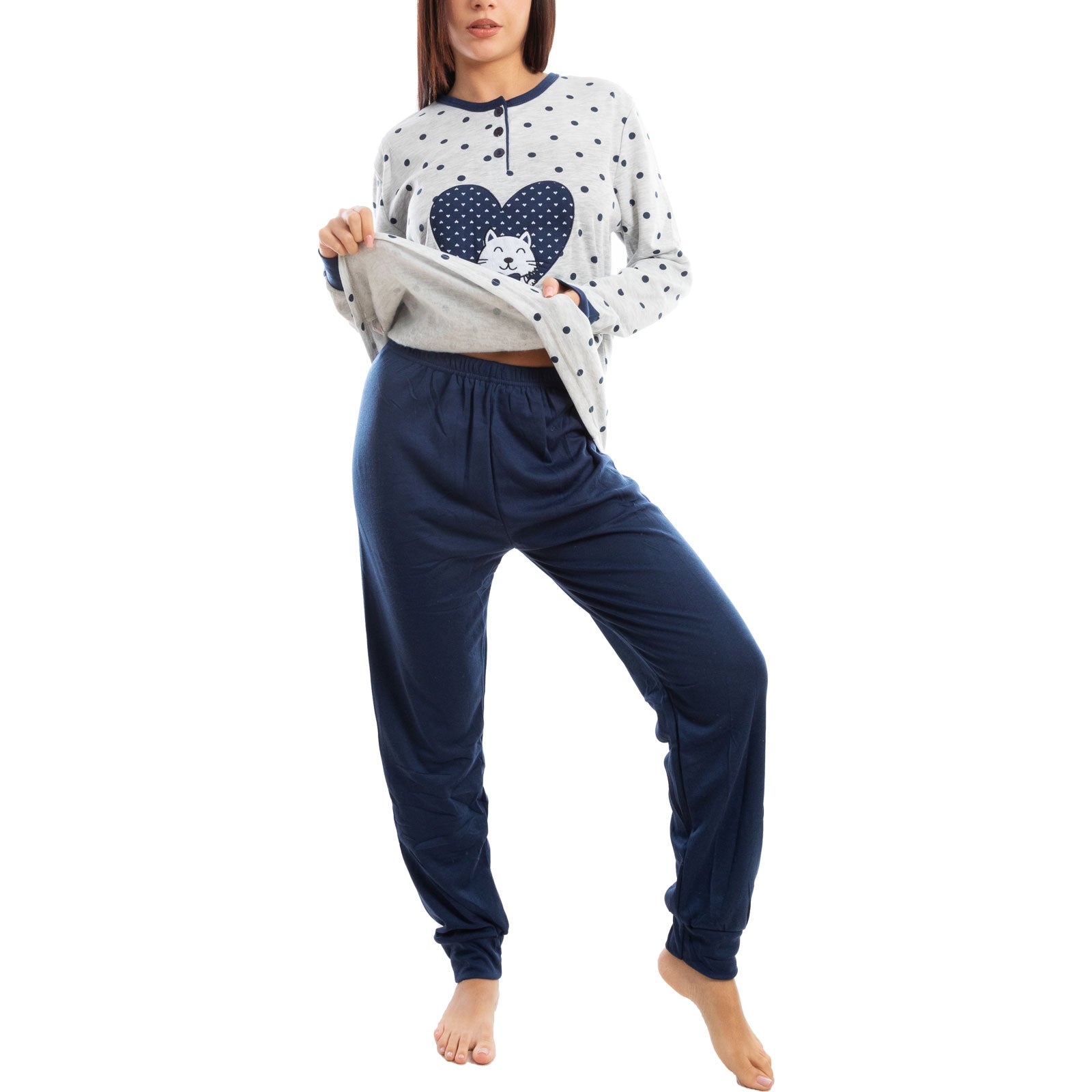 toocool pigiama donna invernale felpato gatto pois caldo cotone q2076