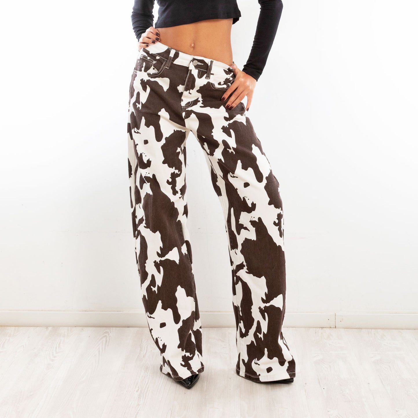 toocool pantaloni donna fantasia animalier mucca muccati vita alta gamba larga toocool ml251 marrone xs