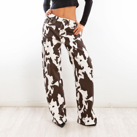 toocool pantaloni donna fantasia animalier mucca muccati vita alta gamba larga toocool ml251 marrone xs