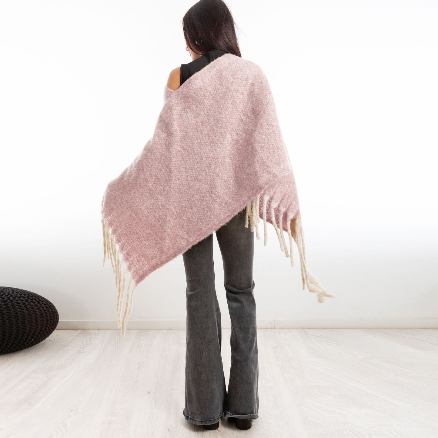 toocool poncho donna coprispalle mantella tricot caldo frange scialle lana toocool a302 nero taglia unica