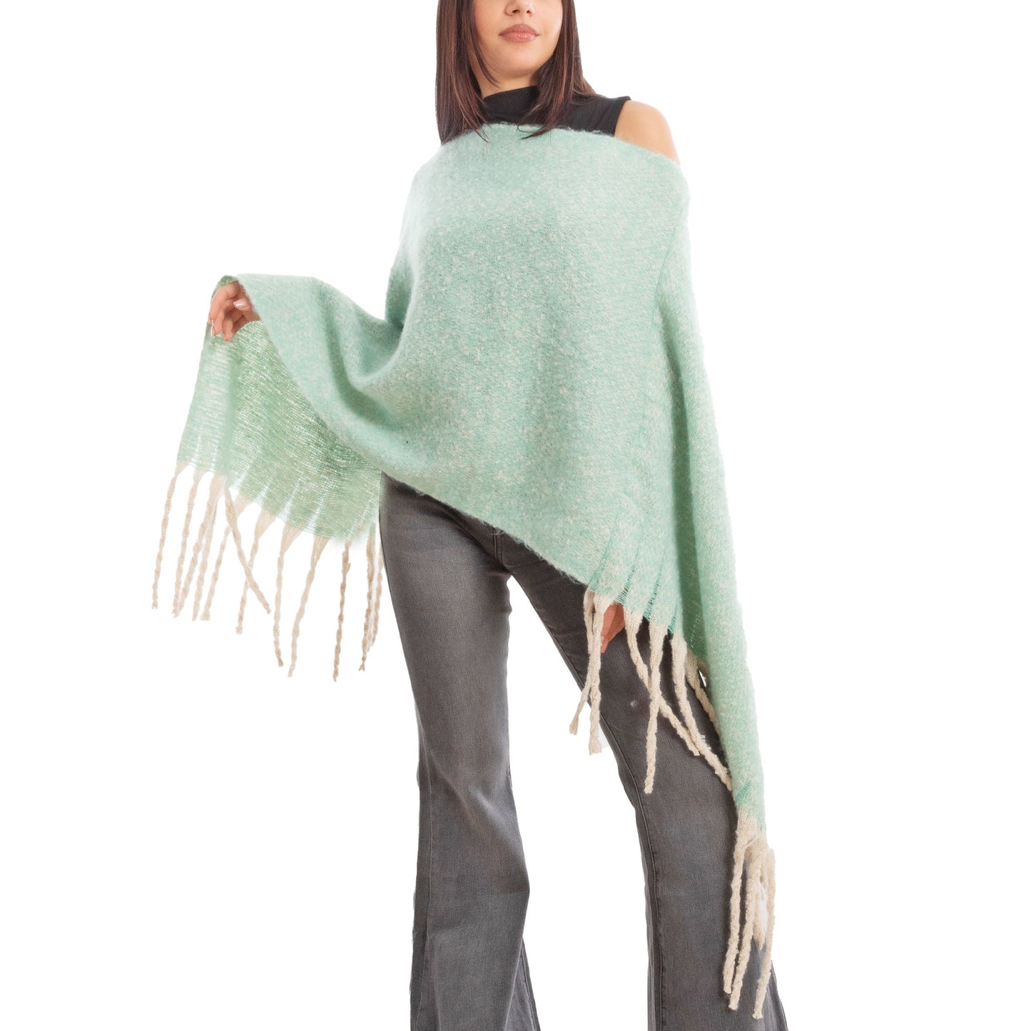 toocool poncho donna coprispalle mantella tricot caldo frange scialle lana toocool a302 nero taglia unica