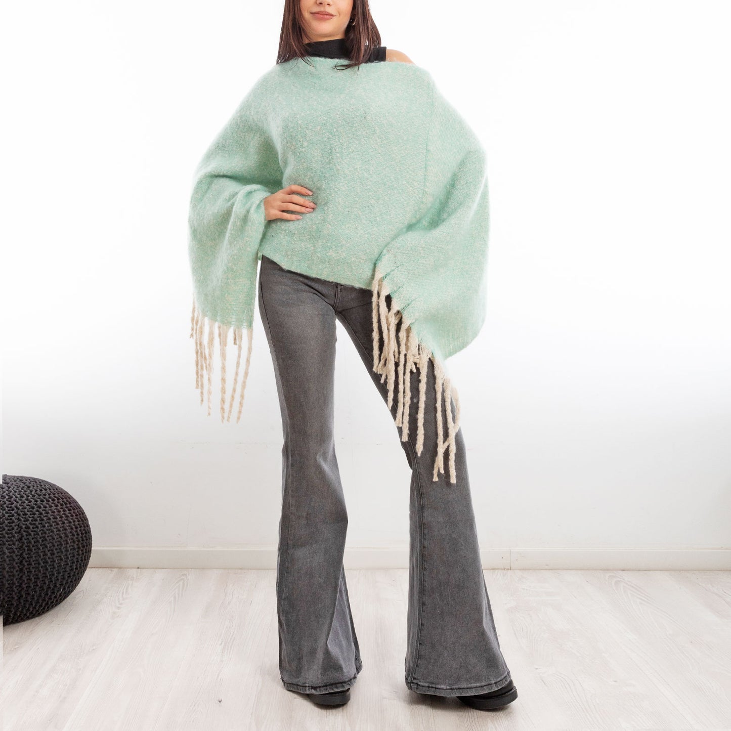 toocool poncho donna coprispalle mantella tricot caldo frange scialle lana toocool a302 nero taglia unica