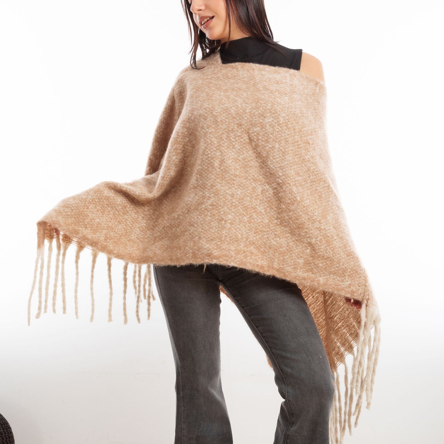 toocool poncho donna coprispalle mantella tricot caldo frange scialle lana toocool a302 nero taglia unica