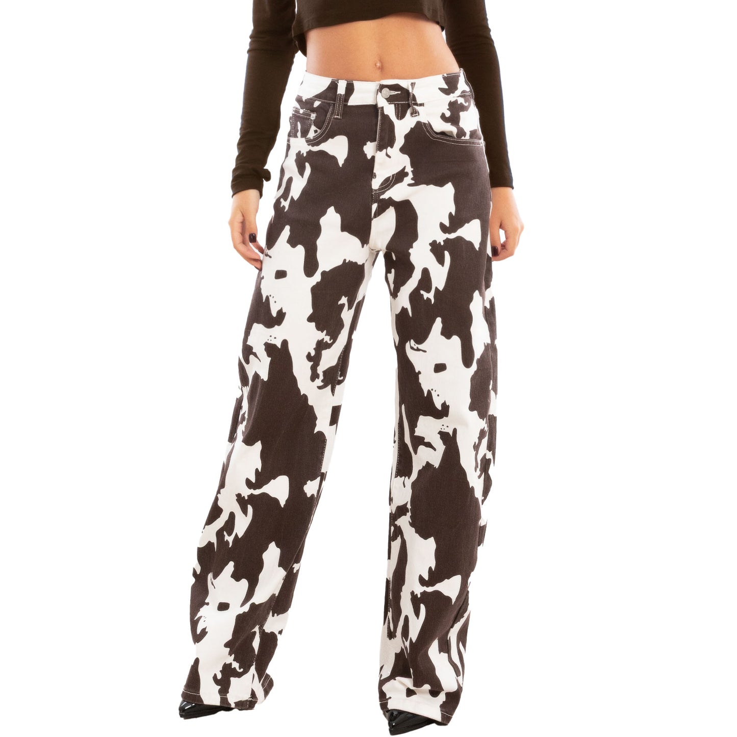toocool pantaloni donna fantasia animalier mucca muccati vita alta gamba larga toocool ml251 marrone xs