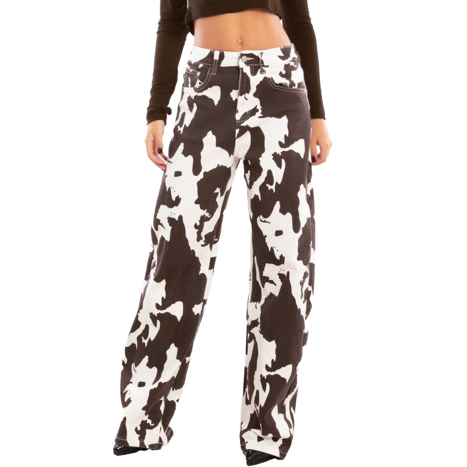 toocool pantaloni donna fantasia animalier mucca muccati vita alta gamba larga toocool ml251 marrone xs