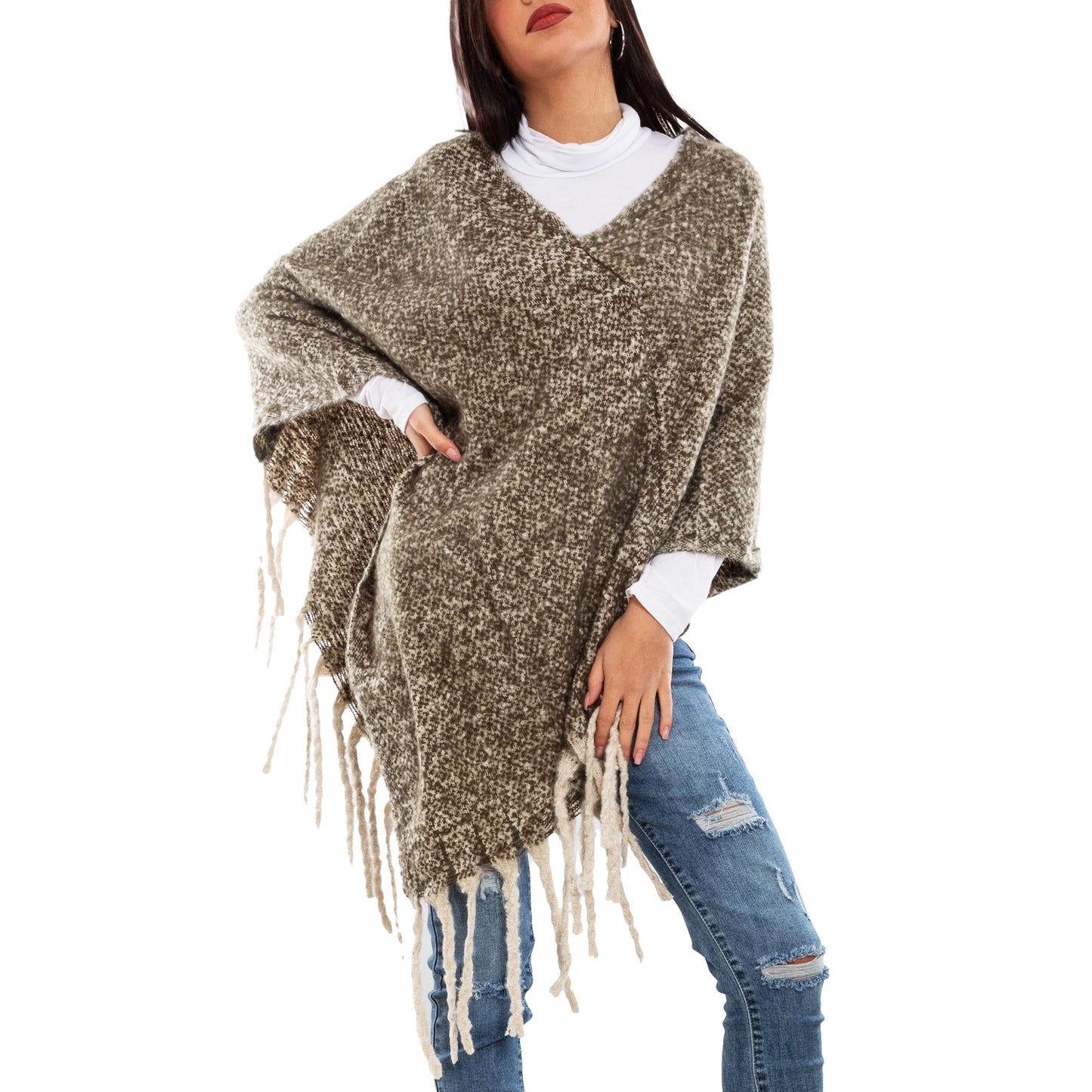 toocool poncho donna coprispalle mantella tricot caldo frange scialle lana toocool a302 nero taglia unica