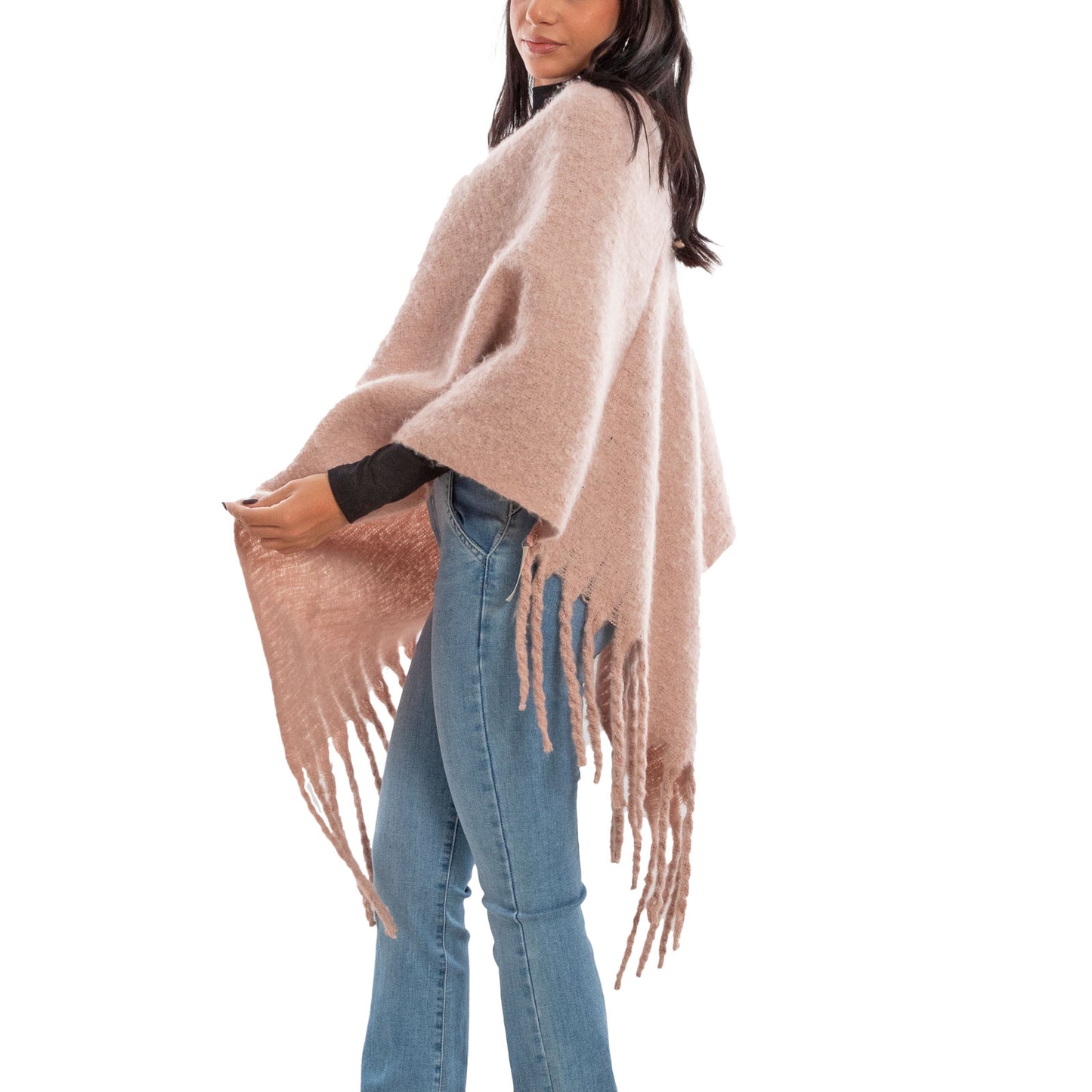 toocool poncho donna coprispalle mantella tricot caldo frange scialle lana toocool bs a301 nero taglia unica