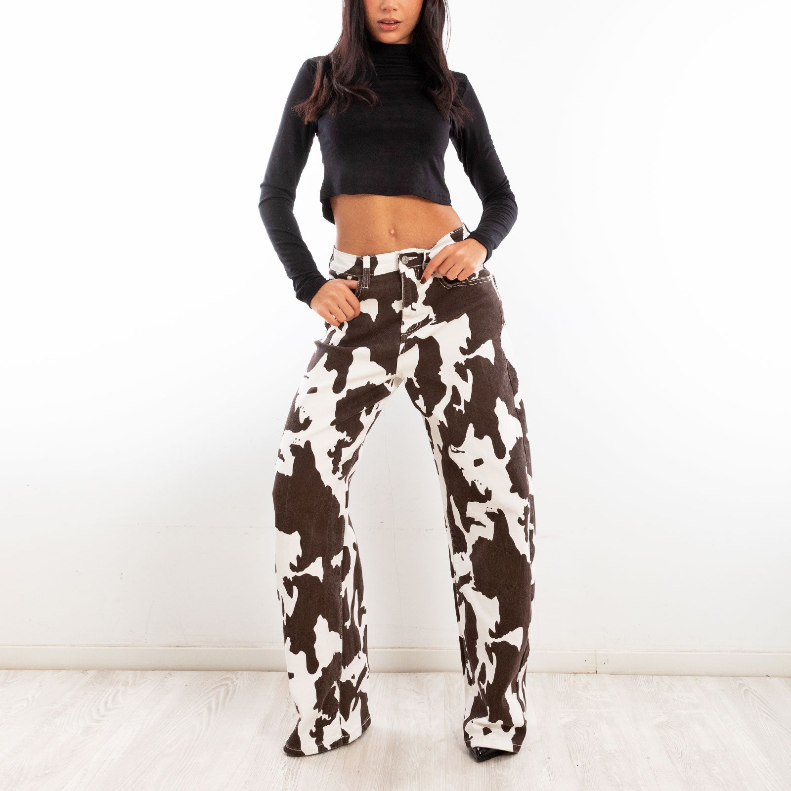 toocool pantaloni donna fantasia animalier mucca muccati vita alta gamba larga toocool ml251 marrone xs