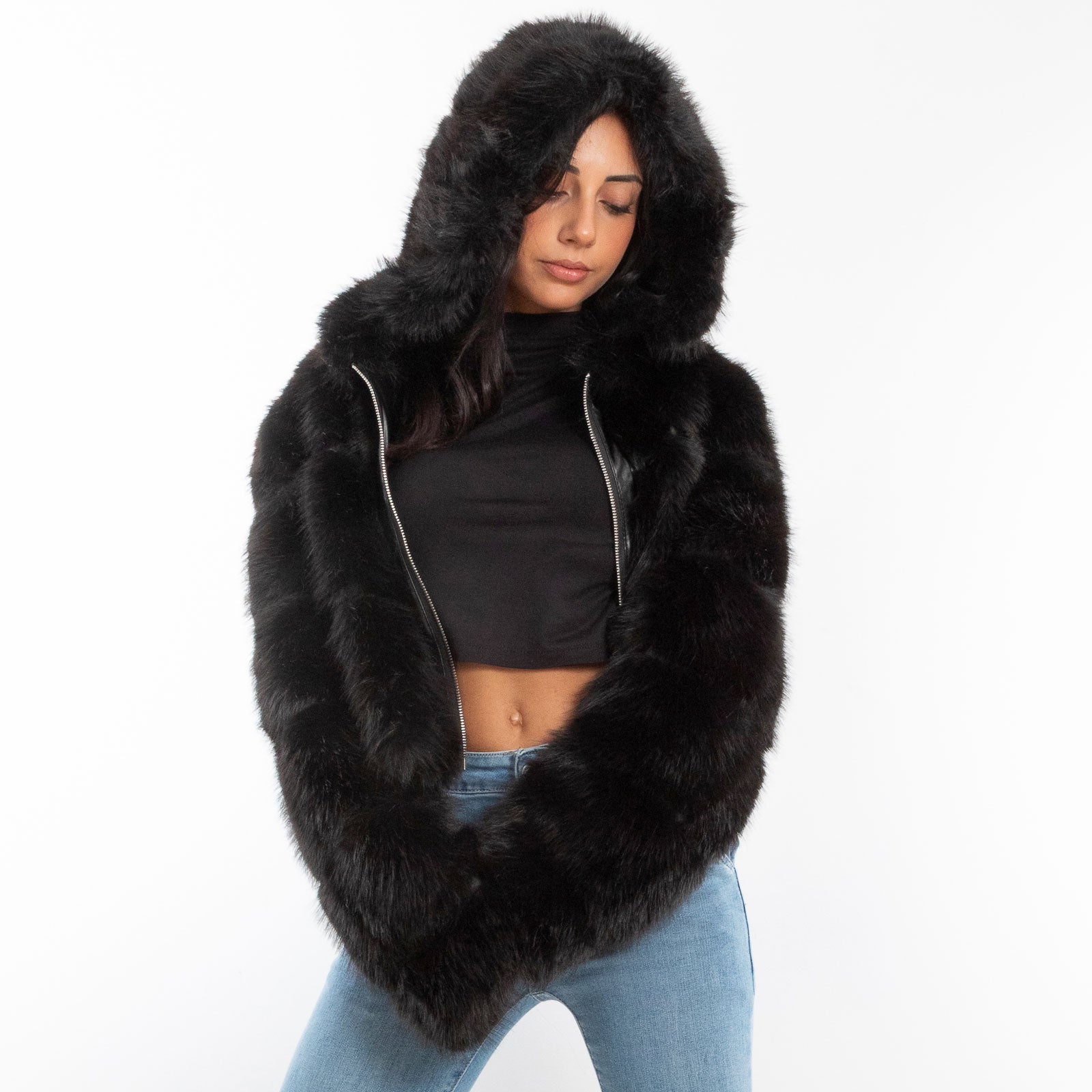 toocool pelliccia sintetica cappuccio donna pellicciotto corto ecopelliccia giacca toocool z9001 nero sl