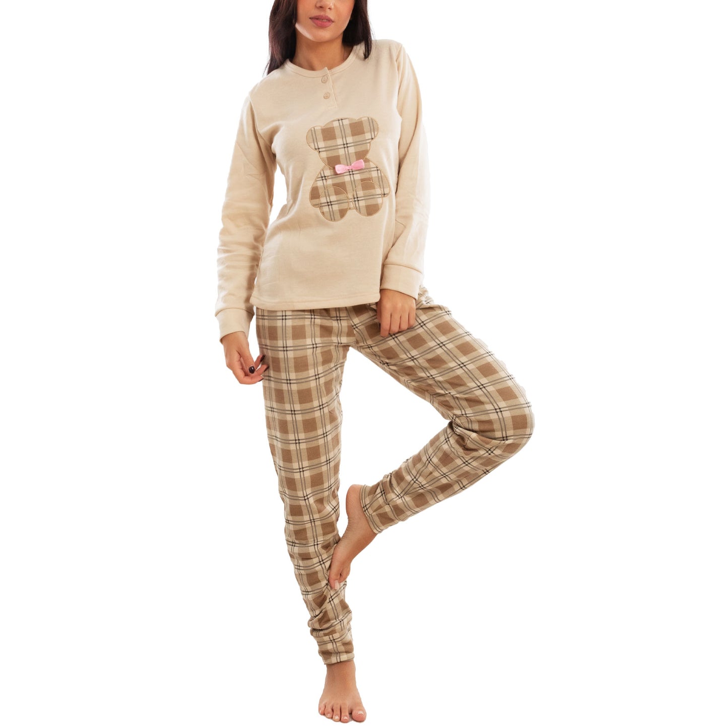toocool pigiama donna invernale felpato orsetto scozzese caldo cotone maniche lunghe toocool it 6433 beige s