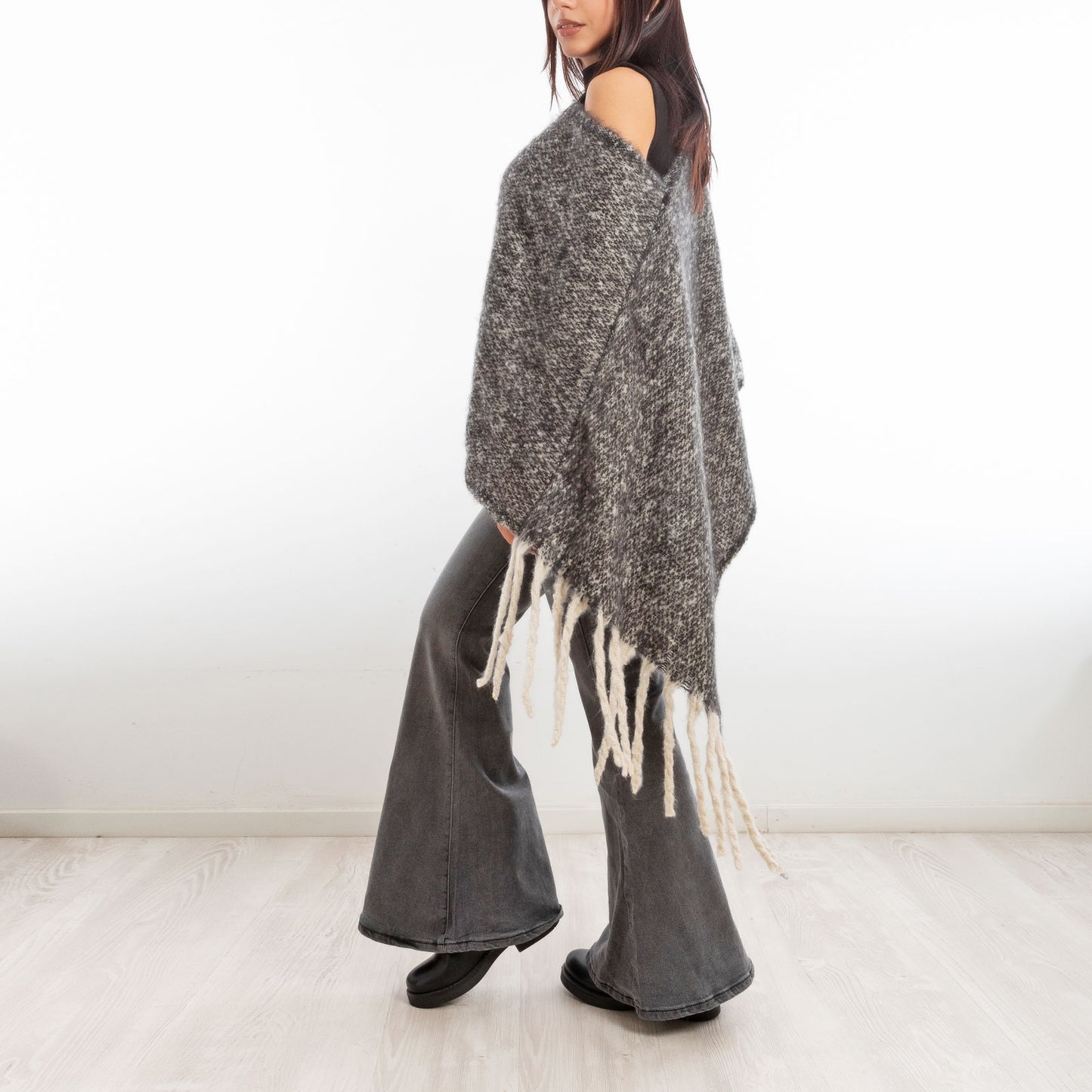 toocool poncho donna coprispalle mantella tricot caldo frange scialle lana toocool a302 nero taglia unica