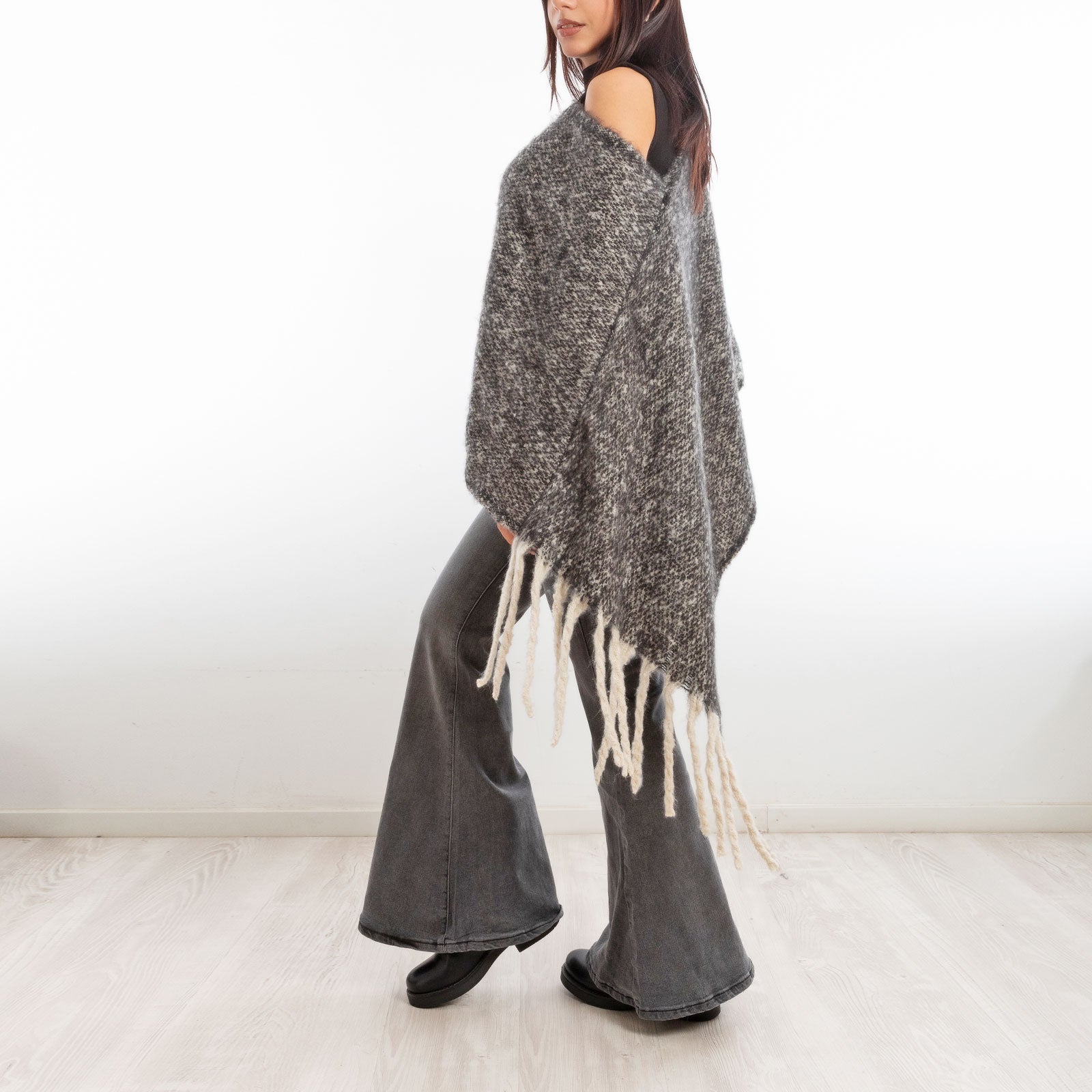 toocool poncho donna coprispalle mantella tricot caldo frange scialle lana toocool a302 nero taglia unica