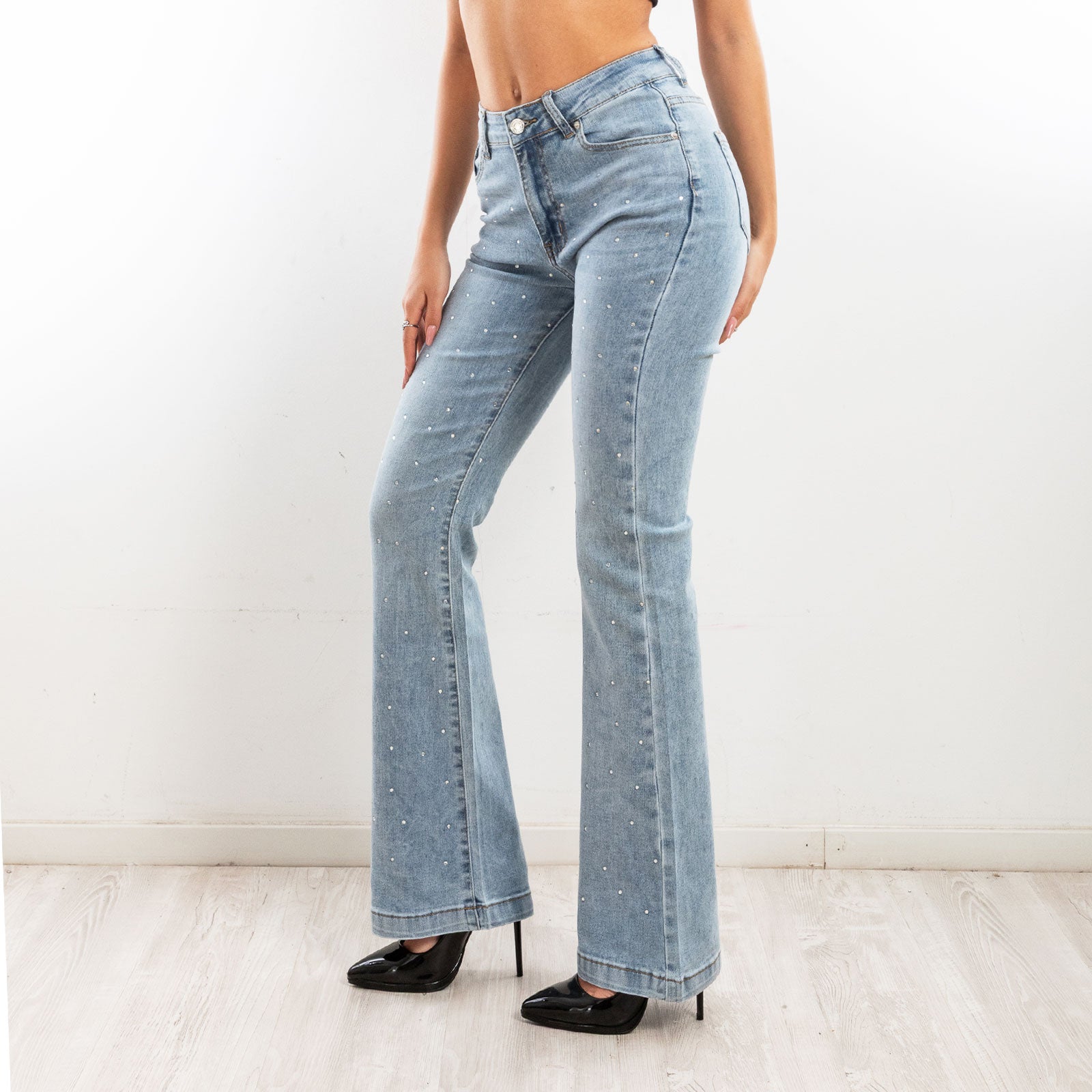 toocool jeans donna pantaloni denim zampa campana flare strass y325