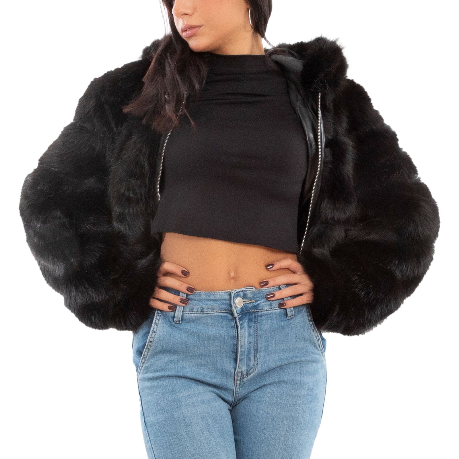 toocool pelliccia sintetica cappuccio donna pellicciotto corto ecopelliccia giacca toocool z9001 nero sl