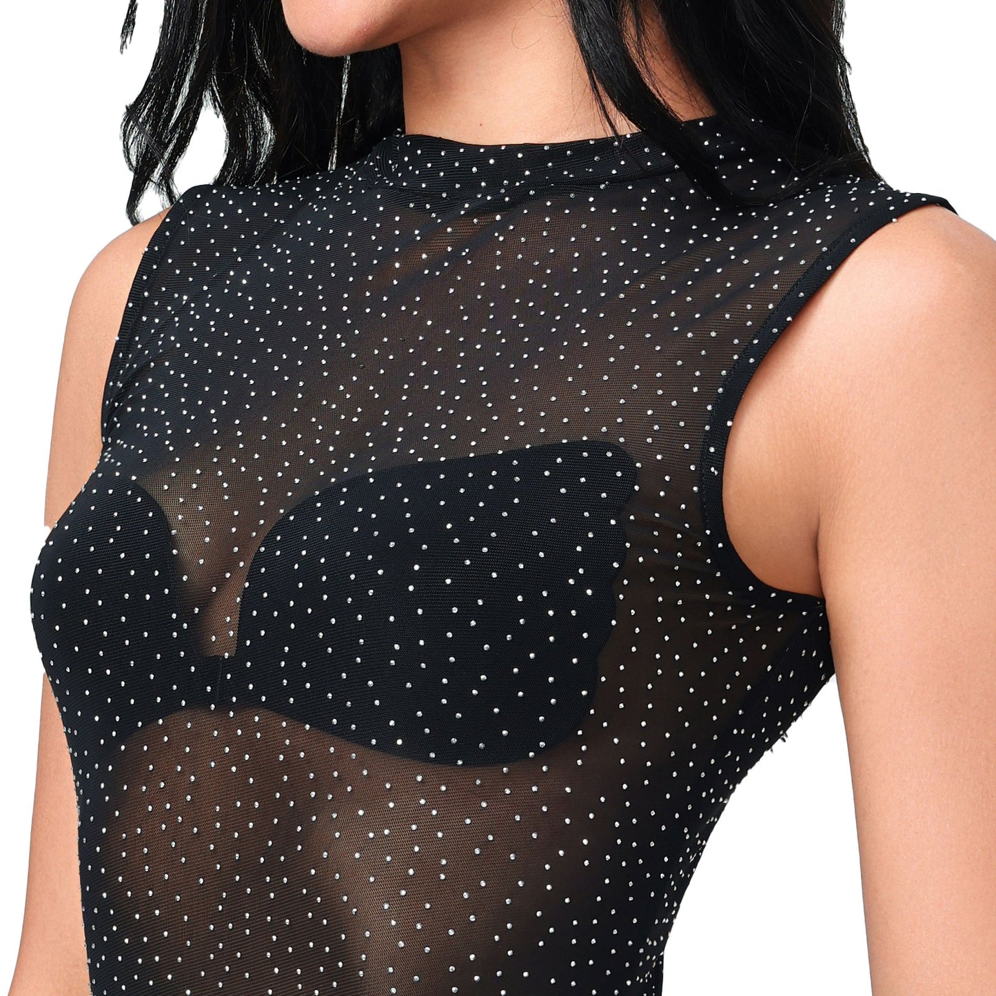 toocool body donna elegante in mesh trasparente con strass luminosi senza maniche intimo velato toocool xys3612 nero sm