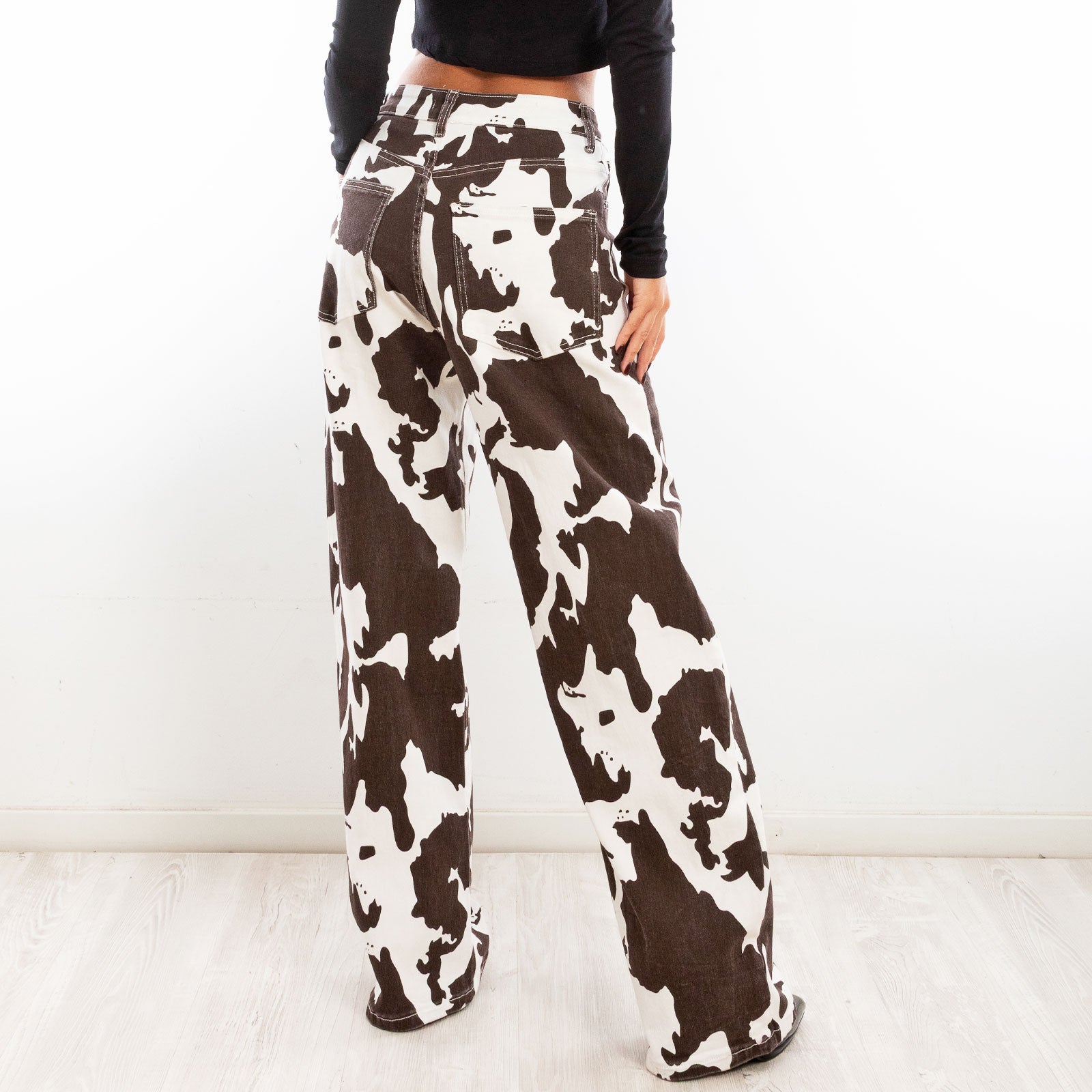 toocool pantaloni donna fantasia animalier mucca muccati vita alta gamba larga toocool ml251 marrone xs