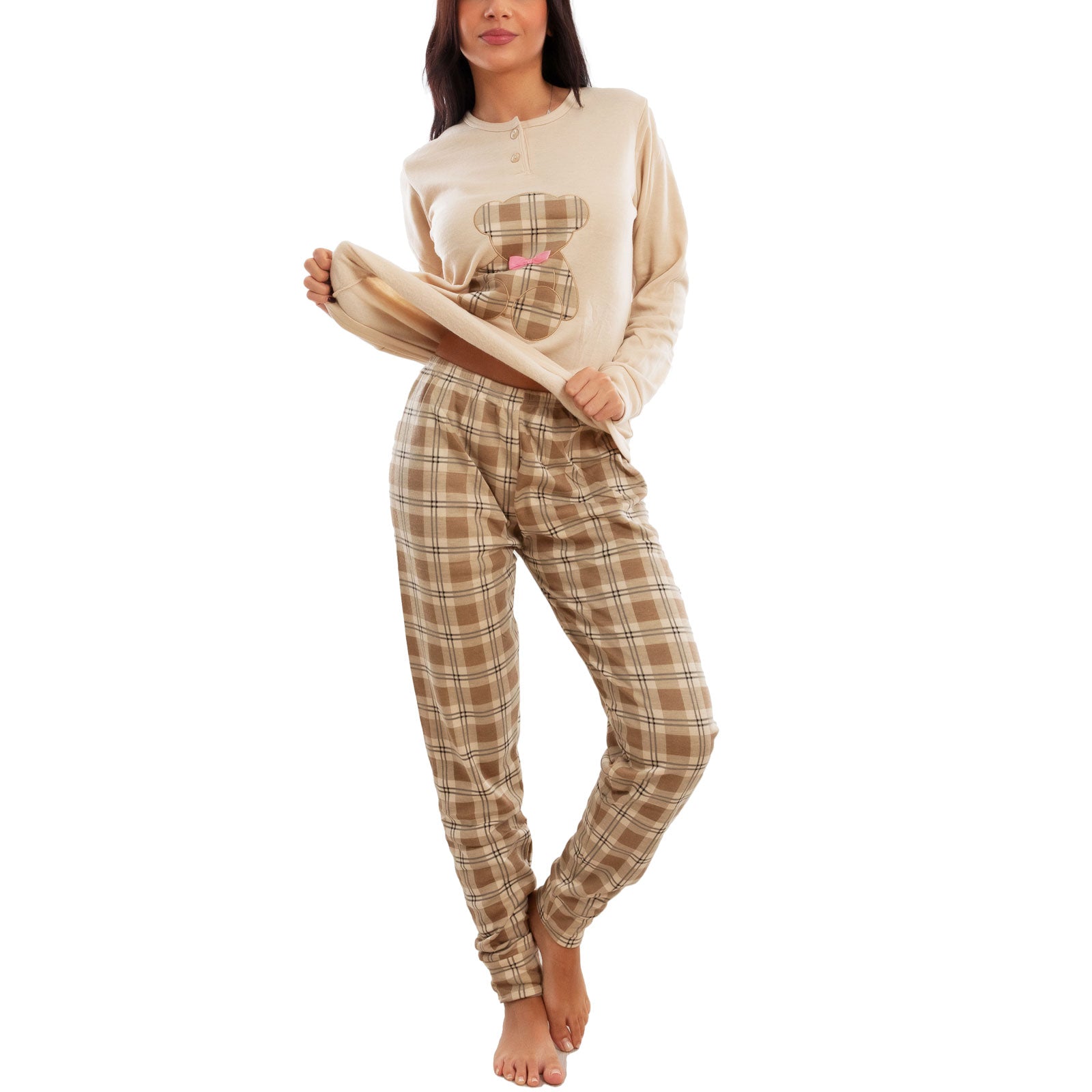 toocool pigiama donna invernale felpato orsetto scozzese caldo cotone maniche lunghe toocool it 6433 beige s