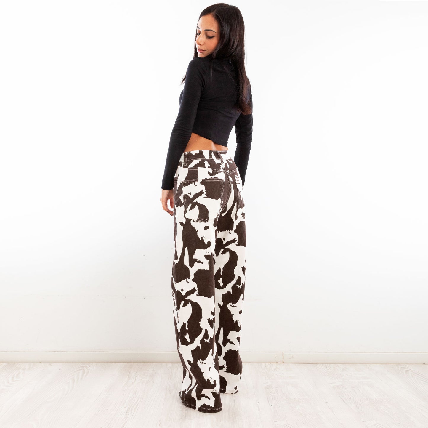 toocool pantaloni donna fantasia animalier mucca muccati vita alta gamba larga toocool ml251 marrone xs