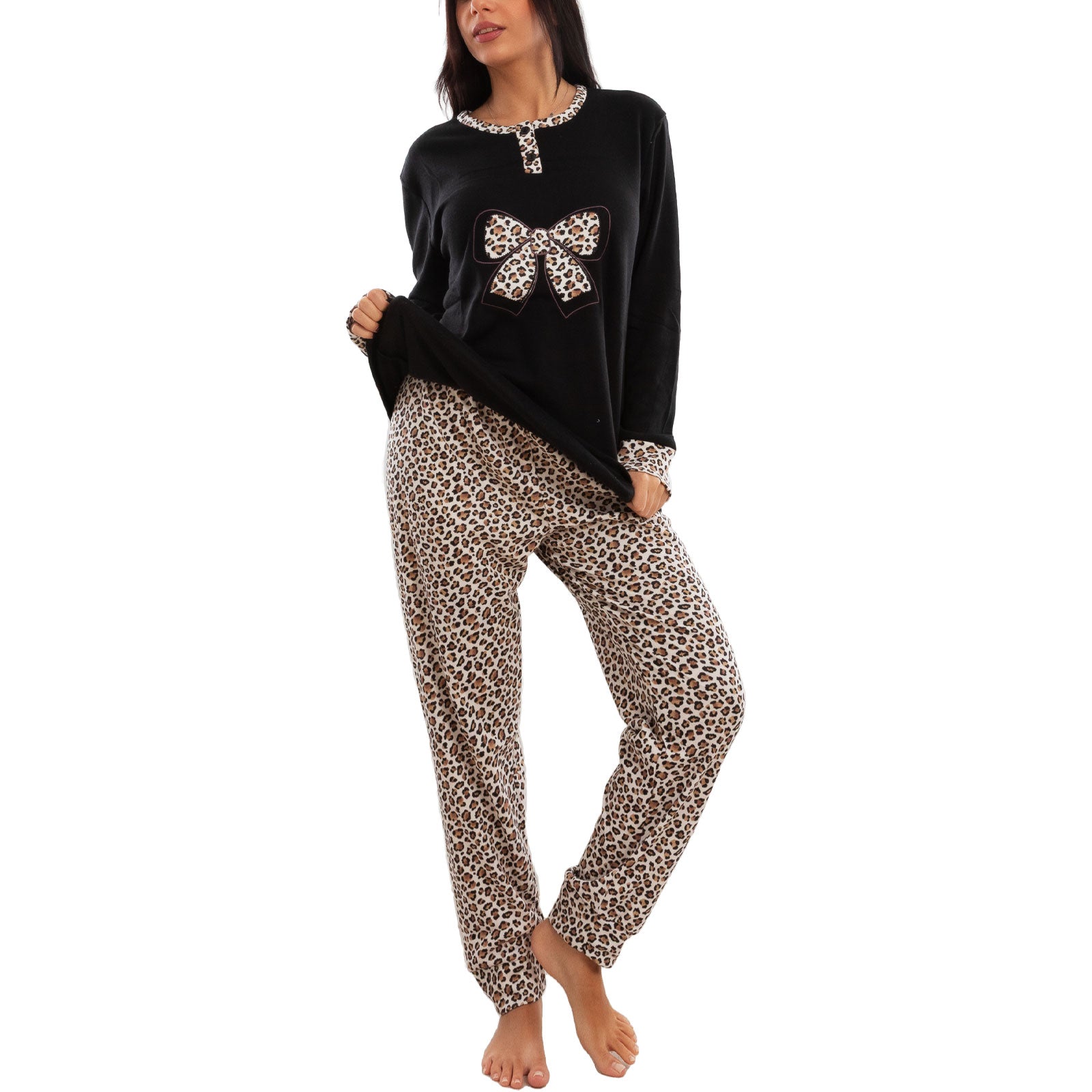 toocool pigiama donna felpato invernale leopardato caldo manica lunga pantaloni toocool q2237 nero m