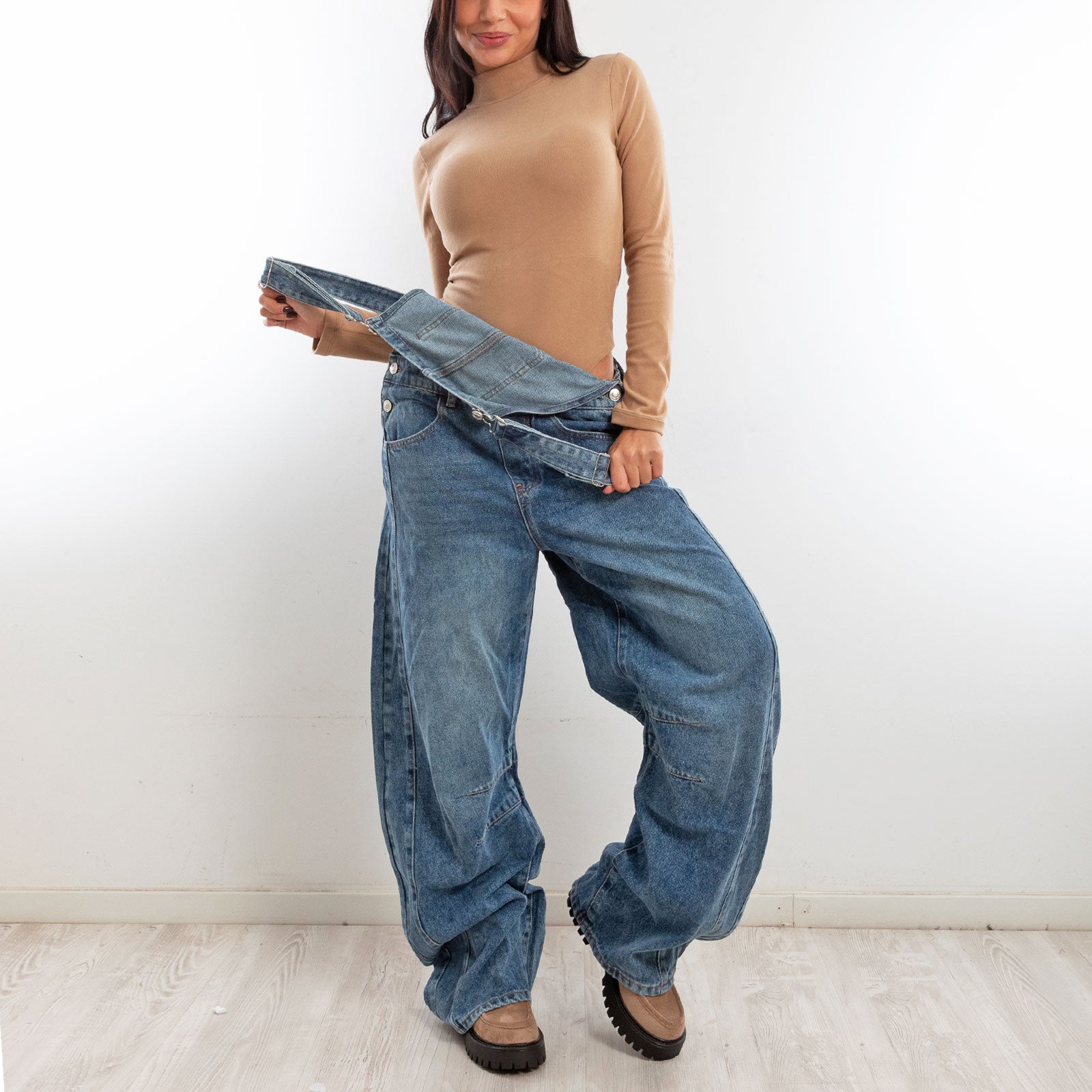 toocool salopette donna jeans overall pantaloni baggy banana denim loose fit toocool f32258 blu xs