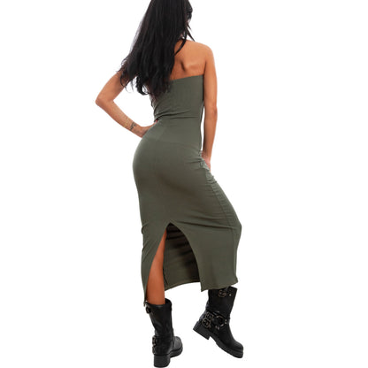 toocool vestito donna tubino costine bandeau spacco 200433
