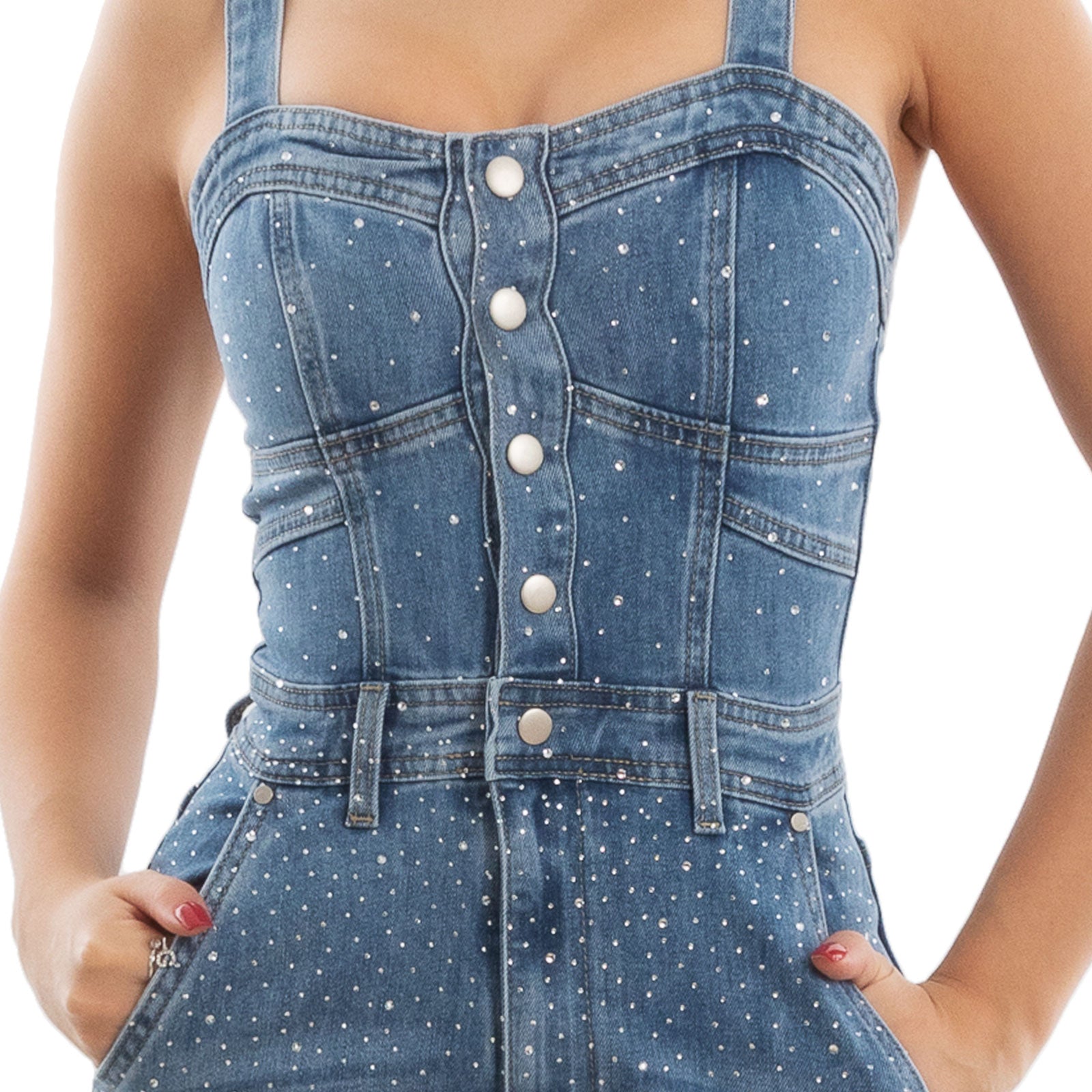 toocool salopette jeans donna overall jumpsuit strass bustier fx1269