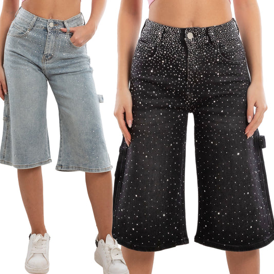 toocool bermuda jeans donna al ginocchio strass pantaloni denim gamba larga taglio carpenter lm762