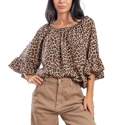toocool blusa donna leopardata animalier spalle nude maniche ampie gitana barchetta maglia elegante toocool ms 2480 leopardato sm