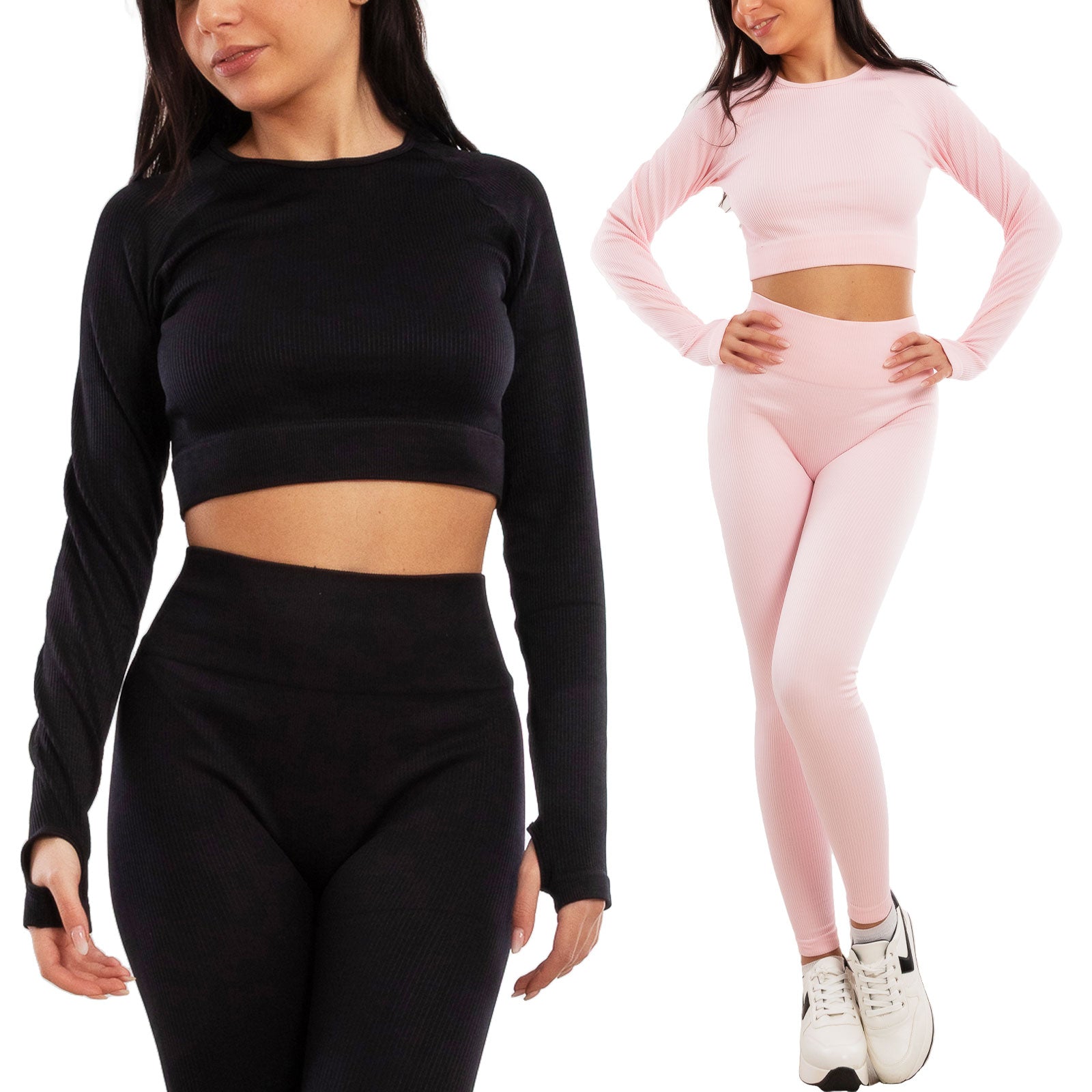 toocool completo sportivo donna 2 pezzi set palestra seamless costine top crop foro per pollice leggings push up vita alta toocool s90077 nero sm