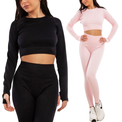 toocool completo sportivo donna 2 pezzi set palestra seamless costine top crop foro per pollice leggings push up vita alta toocool s90077 nero sm