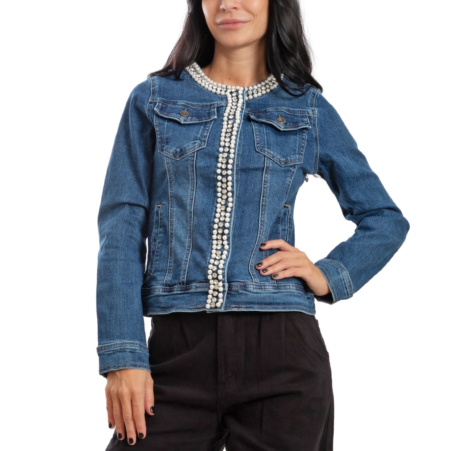 toocool giubbotto donna giacca jeans denim giacchetto giubbino perle toocool