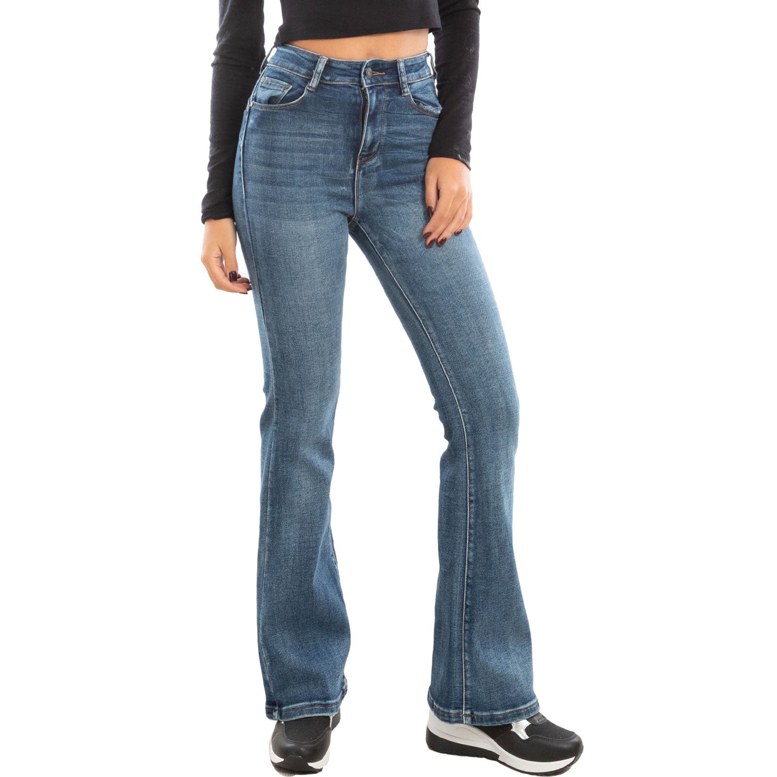 toocool jeans a zampa donna vita alta pantaloni denim flare elasticizzati slim fit lavaggio medio blu toocool vi 8029 blu xs