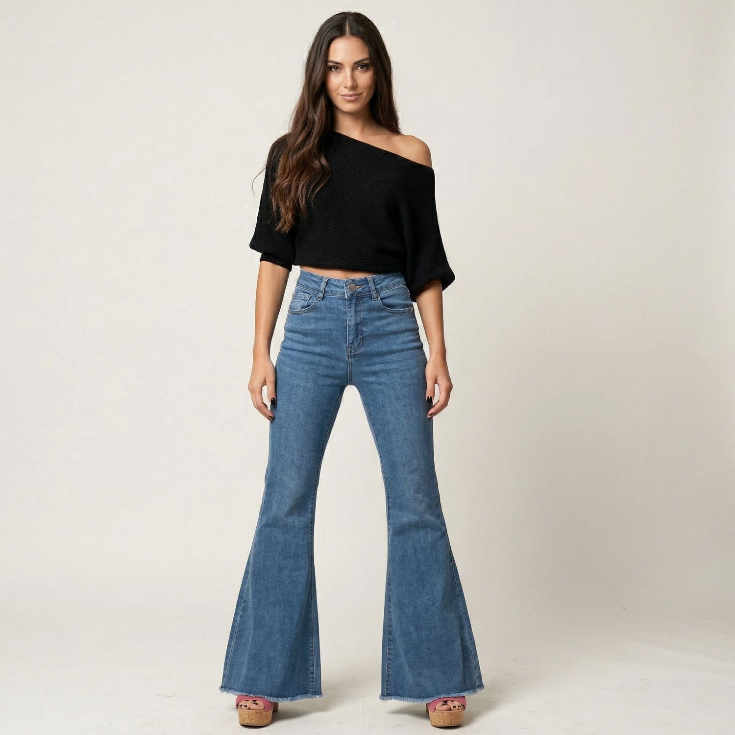 toocool jeans donna zampa larga orlo sfrangiato pantaloni denim flare vita alta stile boho chic toocool y235 blu xs