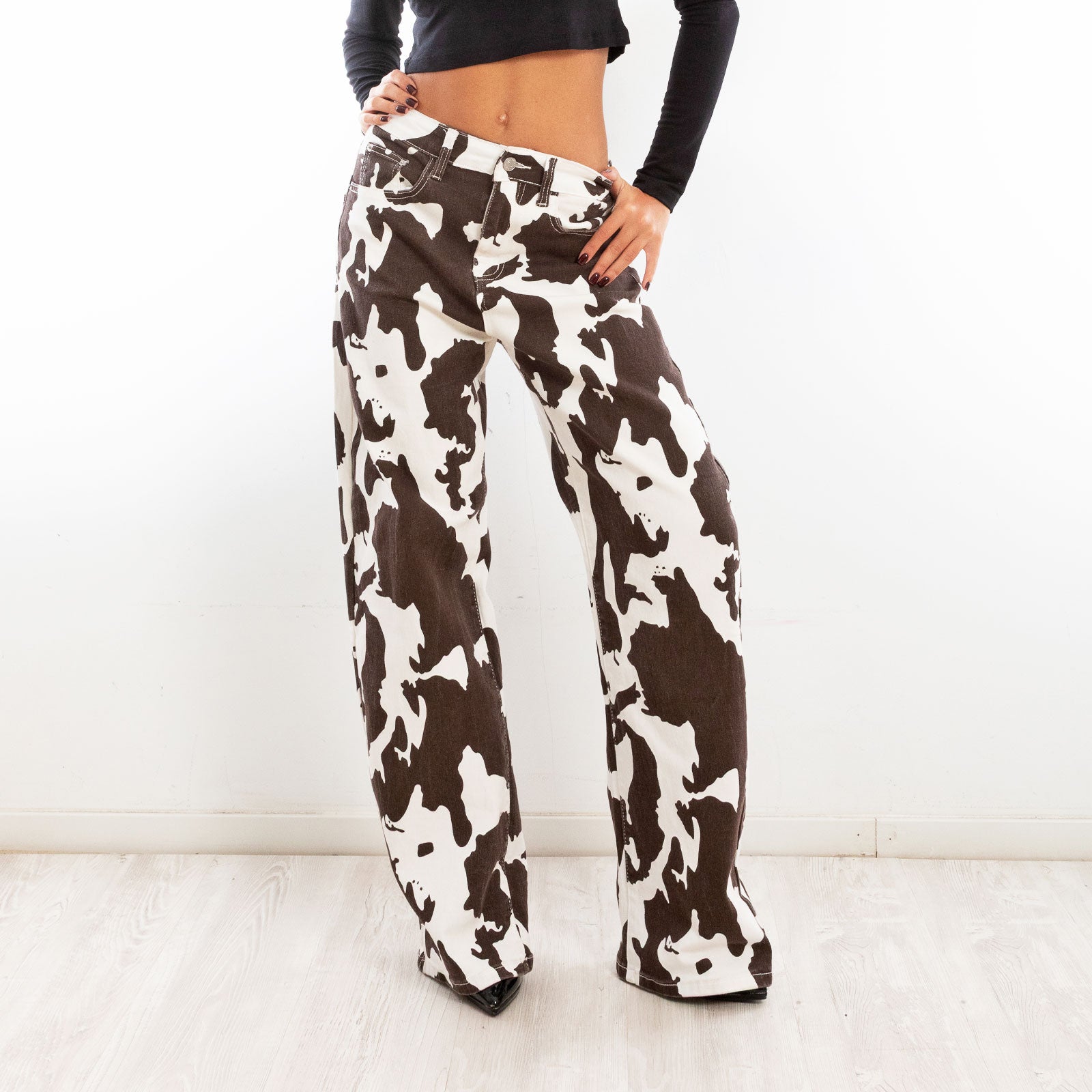 toocool pantaloni donna fantasia animalier mucca muccati vita alta gamba larga toocool ml251 marrone xs