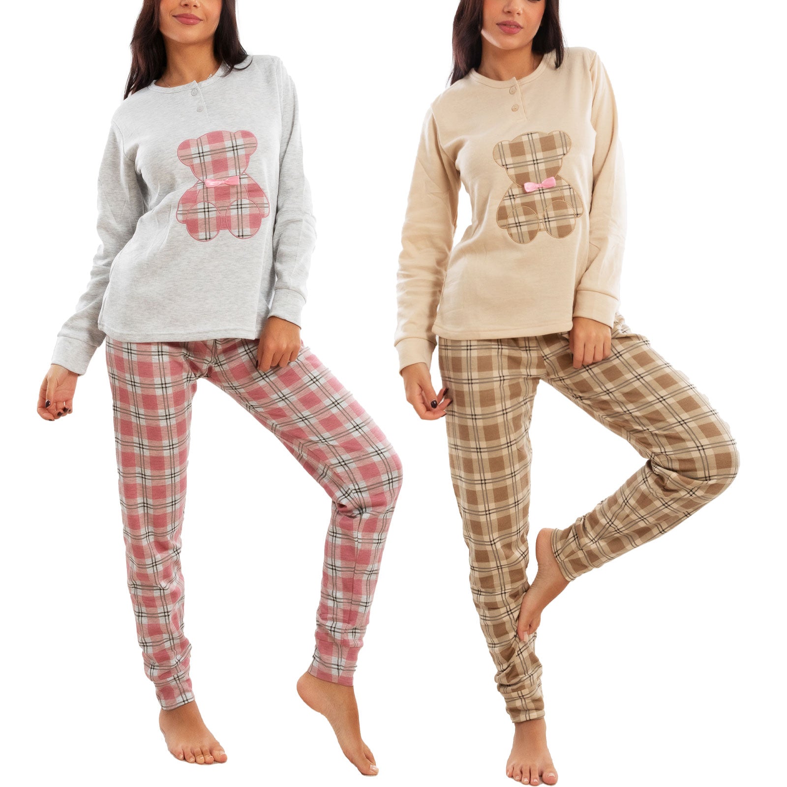 toocool pigiama donna invernale felpato orsetto scozzese caldo cotone maniche lunghe toocool it 6433 beige s