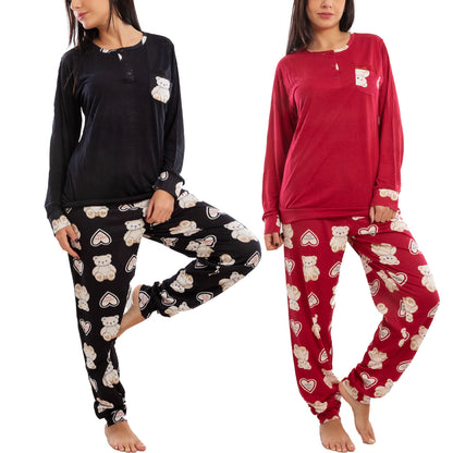 toocool pigiama donna leggero morbido orsetti maniche lunghe pantaloni completo 2 pezzi toocool k 687 rosso s