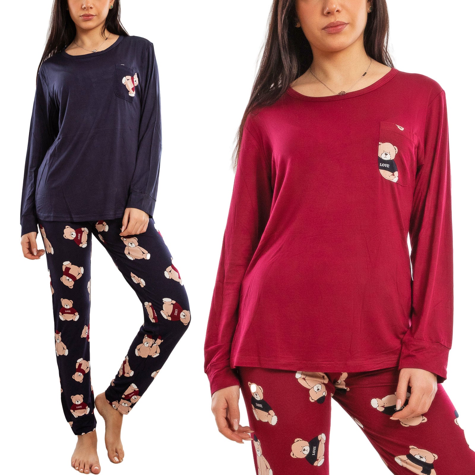 toocool pigiama donna lungo completo due pezzi maglia maniche lunghe pantaloni fantasia orsetti toocool e2600 bordeaux xxl