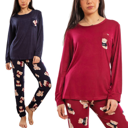 toocool pigiama donna lungo completo due pezzi maglia maniche lunghe pantaloni fantasia orsetti toocool e2600