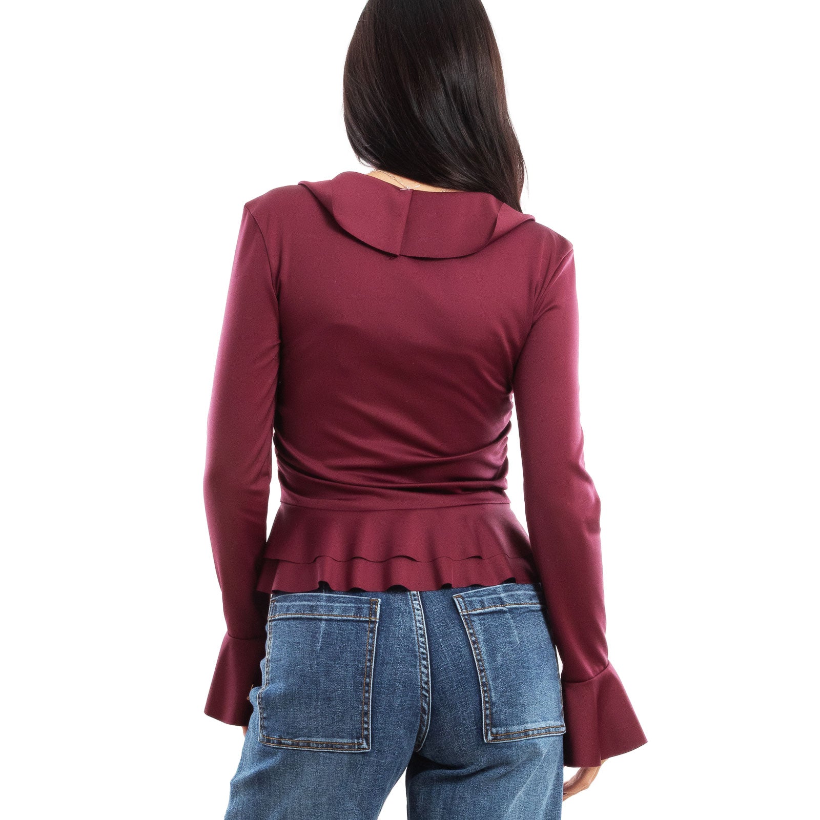 toocool blusa donna elegante elasticizzata con ruches e volant maniche svasate a campana top casual chic toocool vi 8231 nero sm