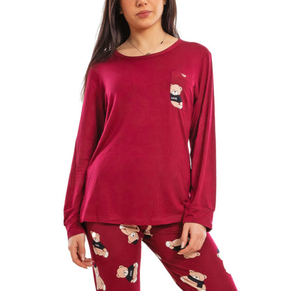 toocool pigiama donna lungo completo due pezzi maglia maniche lunghe pantaloni fantasia orsetti toocool e2600 bordeaux xxl