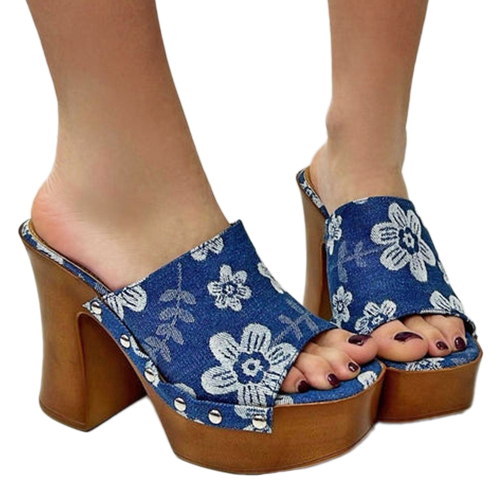 toocool zoccoli donna denim stampa floreale sabot zeppa plateau effetto legno sandali retro style toocool su 8006 1 blu chiaro 36