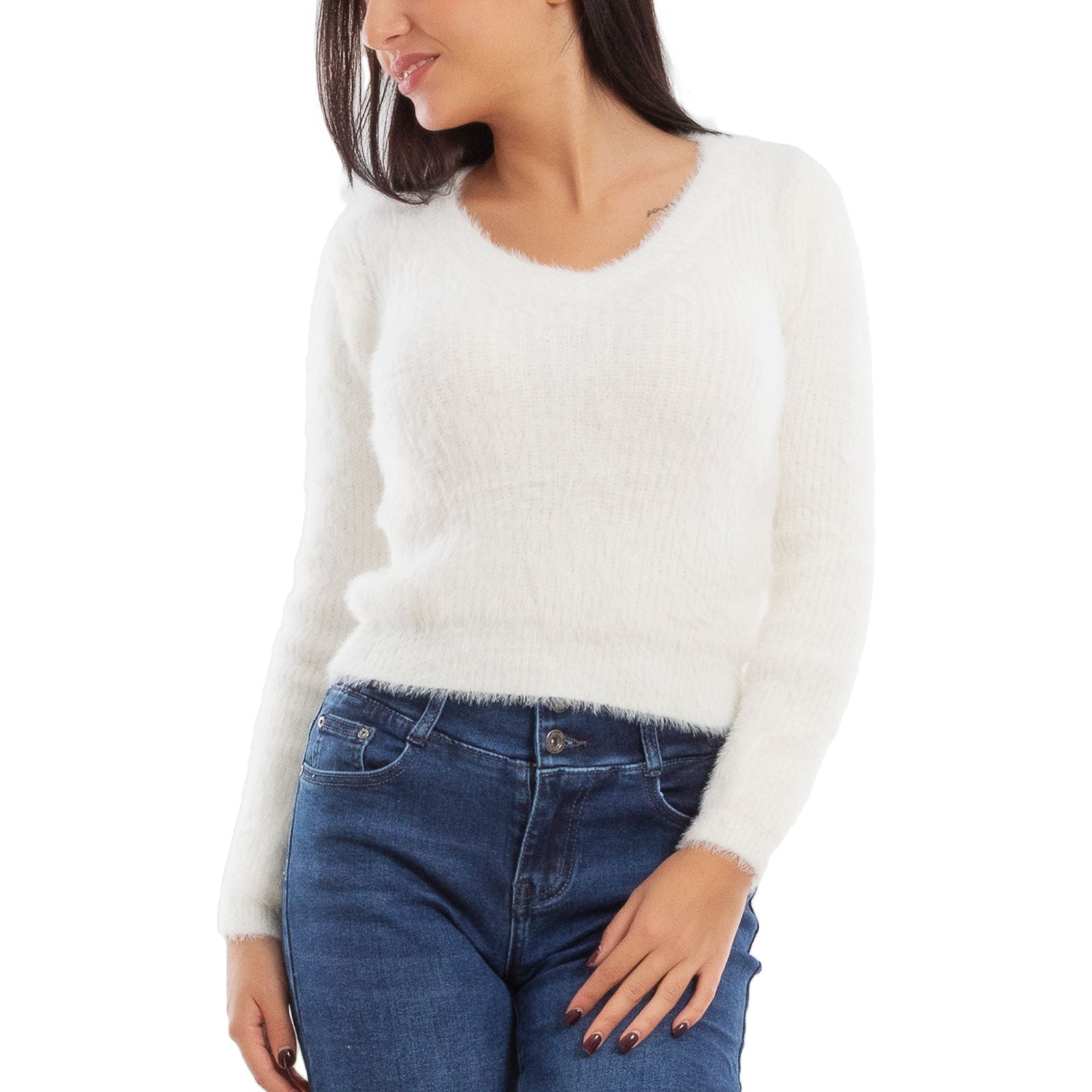 toocool maglione donna peloso pullover corto aderente invernale scollo v toocool 9390 nero sm