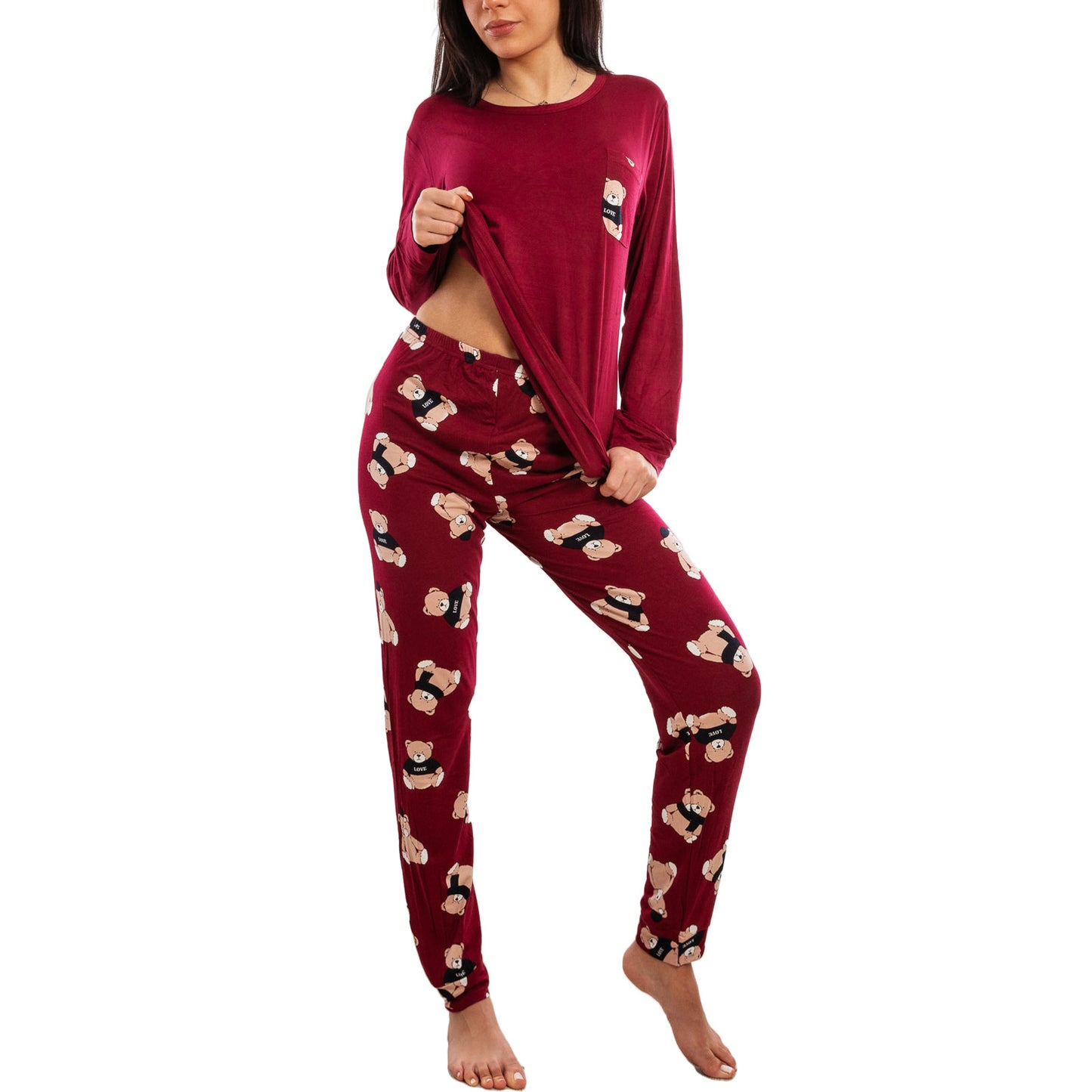 toocool pigiama donna lungo completo due pezzi maglia maniche lunghe pantaloni fantasia orsetti toocool e2600 bordeaux xxl
