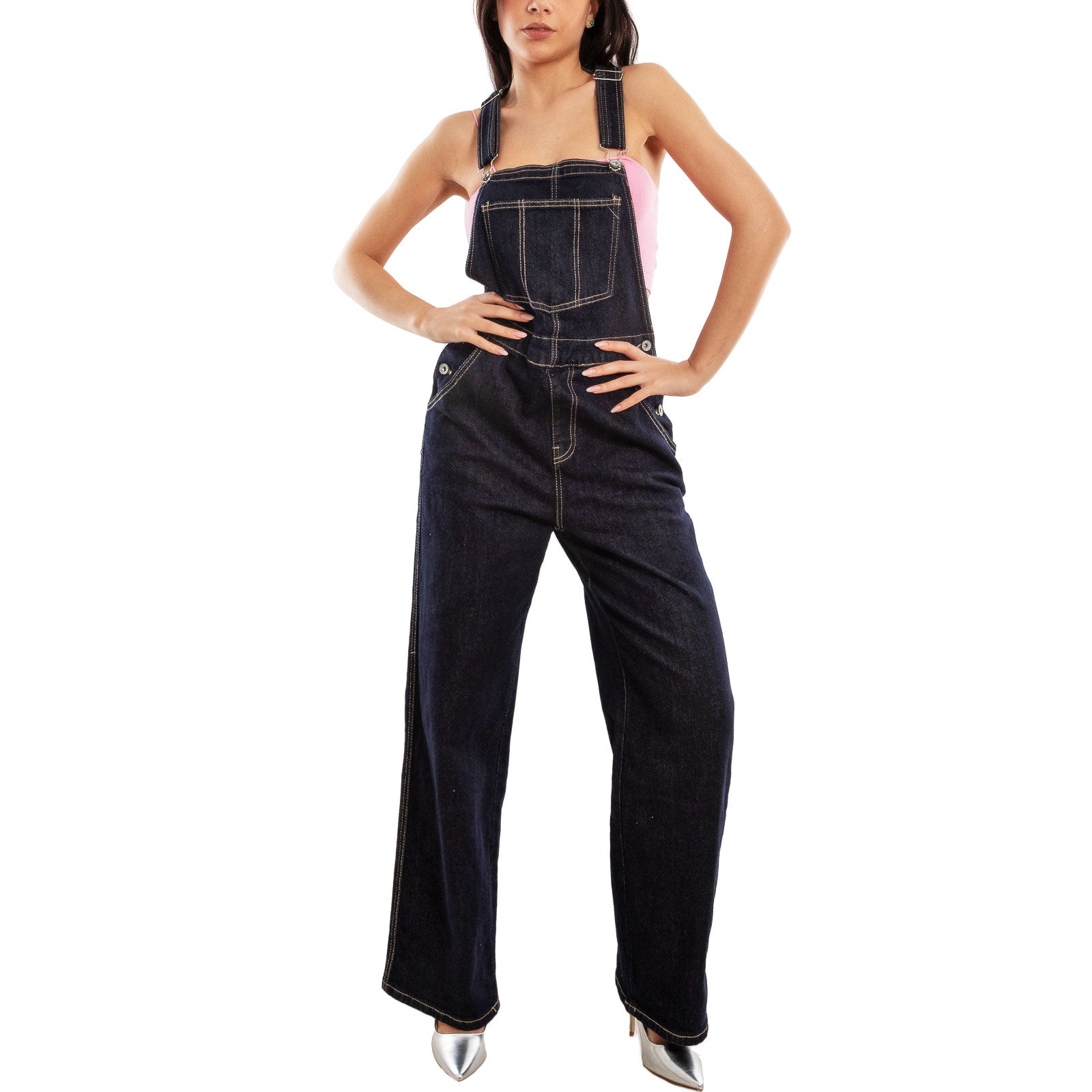toocool salopette jeans donna palazzo tuta intera denim wide leg bretelle regolabili multitasche casual streetwear toocool vi 6633 blu chiaro s
