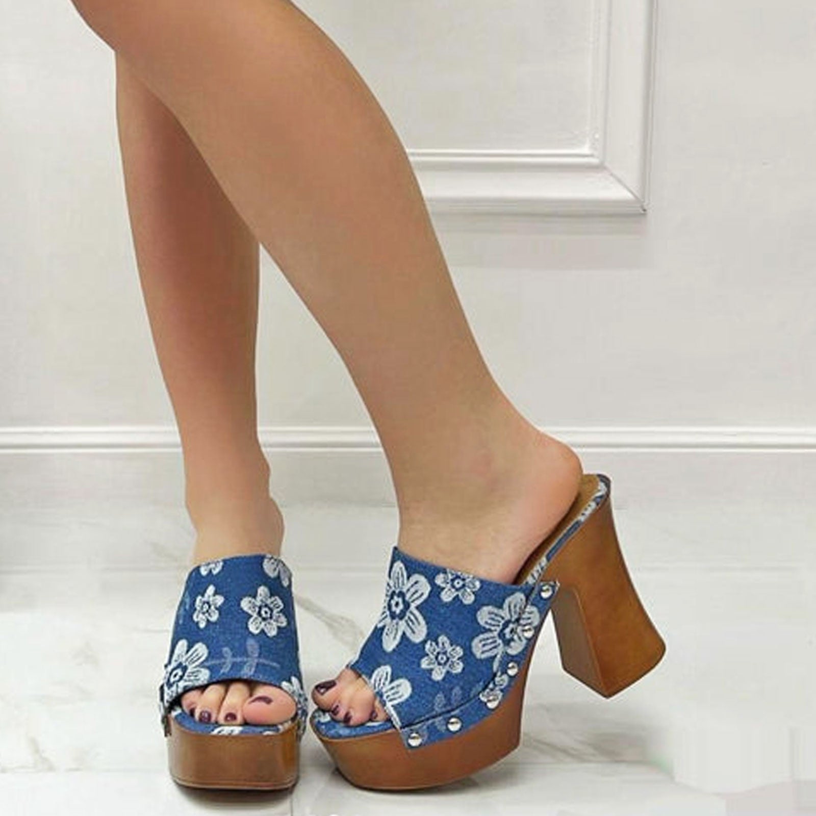 toocool zoccoli donna denim stampa floreale sabot zeppa plateau effetto legno sandali retro style toocool su 8006 1 blu chiaro 36
