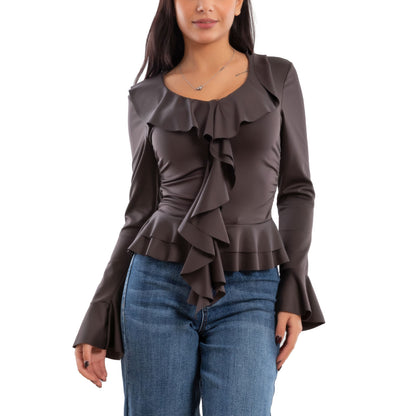 toocool blusa donna elegante elasticizzata con ruches e volant maniche svasate a campana top casual chic toocool vi 8231 nero sm