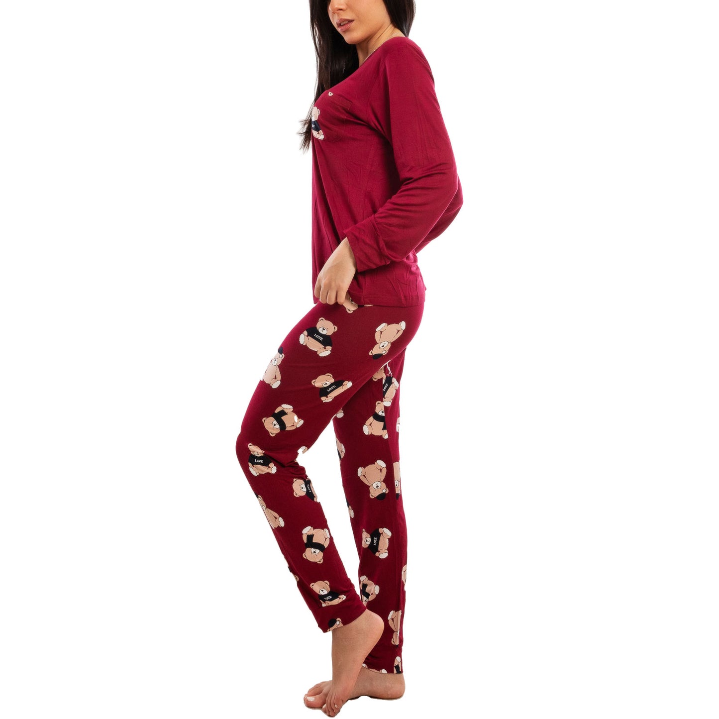 toocool pigiama donna lungo completo due pezzi maglia maniche lunghe pantaloni fantasia orsetti toocool e2600 bordeaux xxl